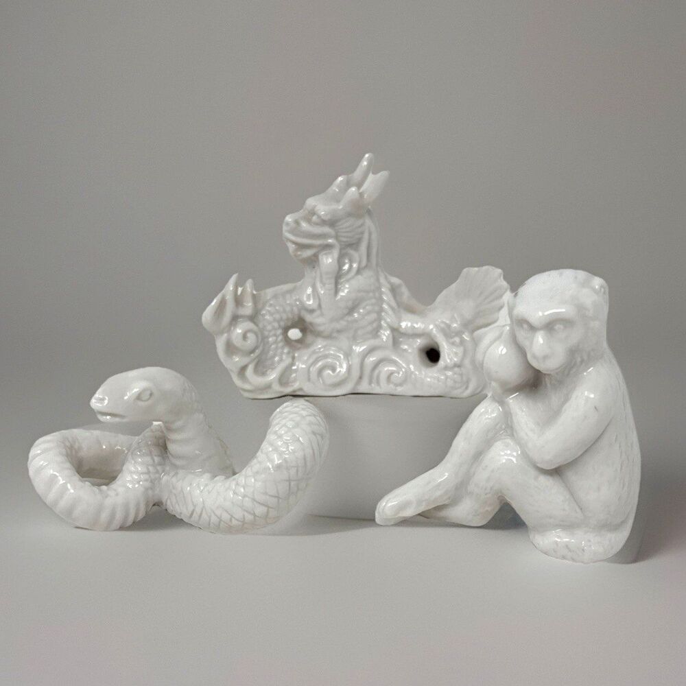 VTG Miniature Chinese Figures Lot of 3 White Dragon Snake Monkey Chopstick Rest
